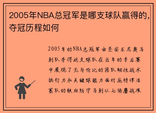 2005年NBA总冠军是哪支球队赢得的，夺冠历程如何